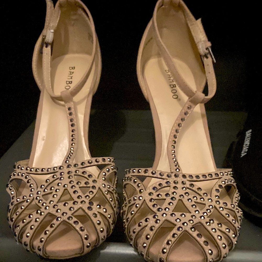 Brand new/never worn Bamboo brand nude suede feel high heels with silver stones
